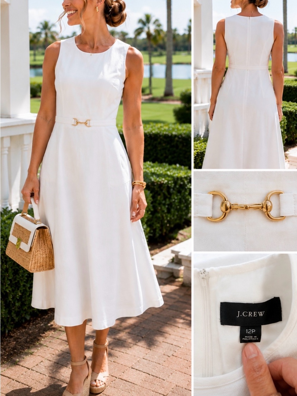 J.Crew White Stretch Linen Blend A-Line Midi Dress Horsebit Detail Sz 12P🧡